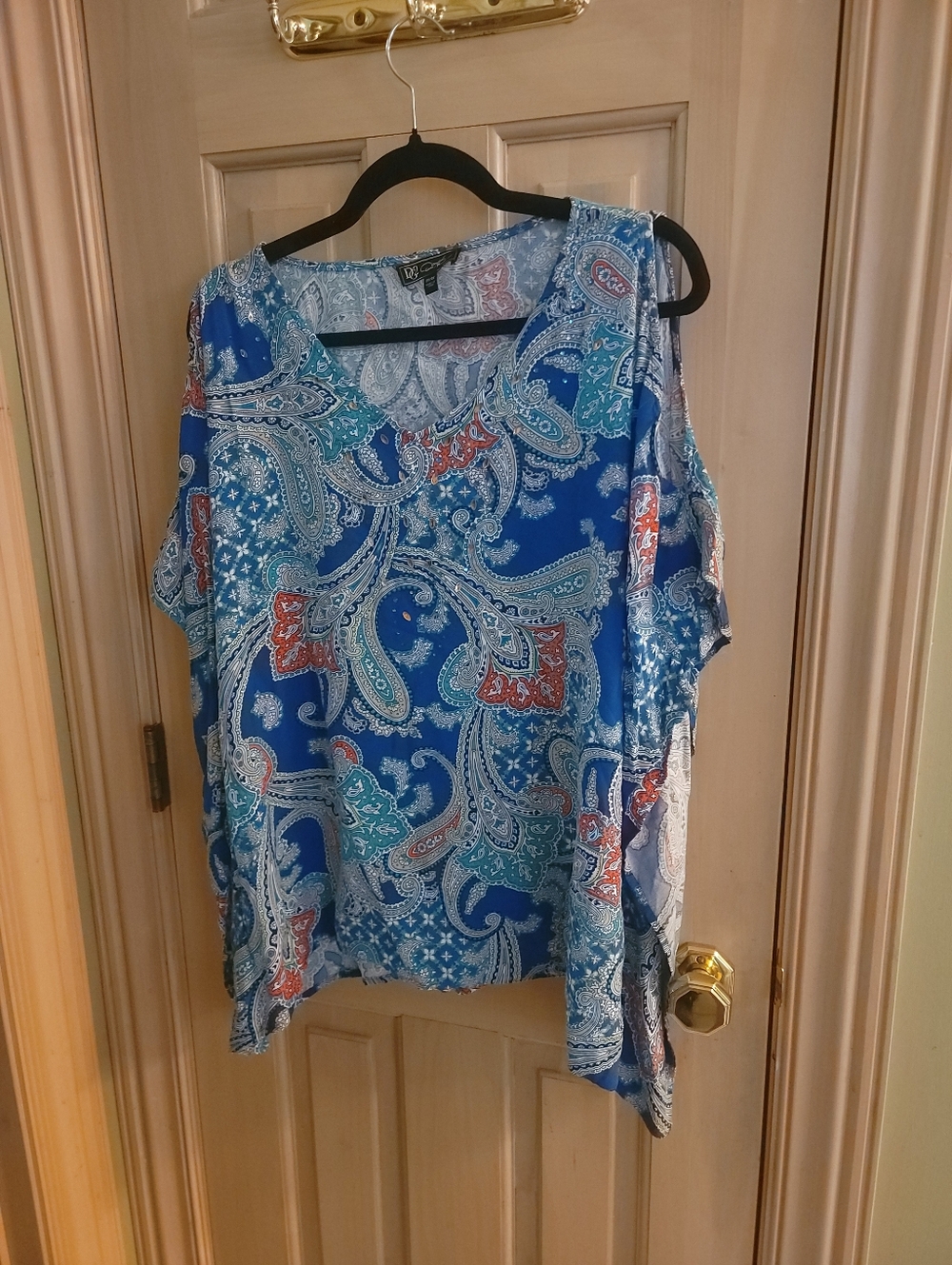 Diane Gilman 2 Womens Plus Sz 2X/3X Paisley Cold-Shoulder Beaded Flowy Shirt